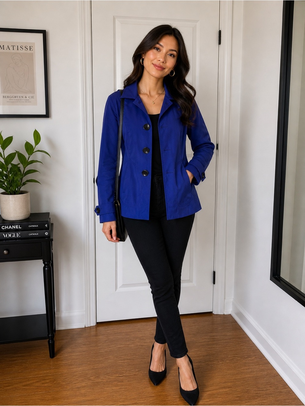Black Rivet Royal Blue Button-Front Trench Jacket With Hood